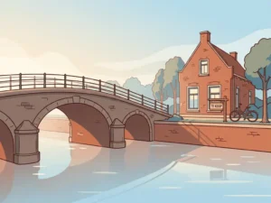 Stenen boogbrug over een Hollandse gracht met een bakstenen gezinswoning en Te Koop-bord in de tuin op de achtergrond.