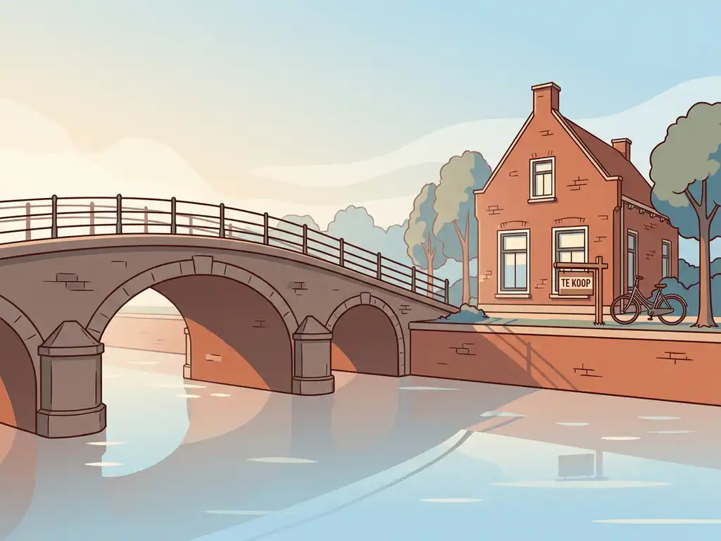 Stenen boogbrug over een Hollandse gracht met een bakstenen gezinswoning en Te Koop-bord in de tuin op de achtergrond.