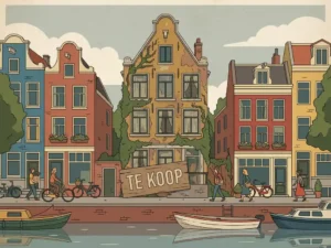 Verlaten grachtenpand in Utrecht met Te Koop-bord, omgeven door verwaarlozing terwijl buren bruisen van activiteit.
