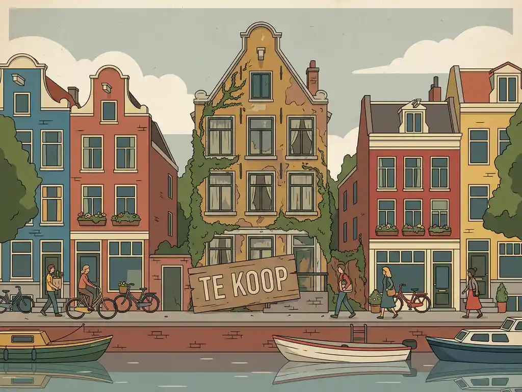 Verlaten grachtenpand in Utrecht met Te Koop-bord, omgeven door verwaarlozing terwijl buren bruisen van activiteit.