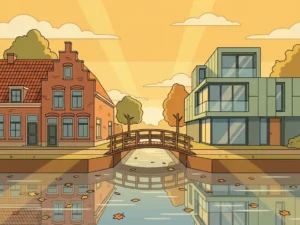 Klassiek bakstenen Hollands woonhuis en modern nieuwbouwhuis verbonden door houten voetbrug over rustig herfstkanaal.