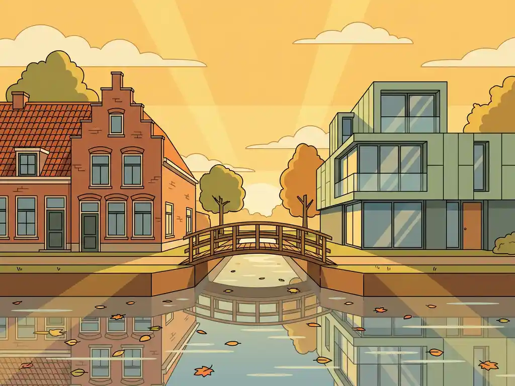 Klassiek bakstenen Hollands woonhuis en modern nieuwbouwhuis verbonden door houten voetbrug over rustig herfstkanaal.