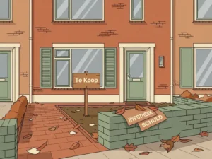 Nederlandstalige rijwoning met Te Koop-bord in voortuin, overlappende hypotheekdocumenten op tuinmuur en herfstbladeren op baksteenpad.