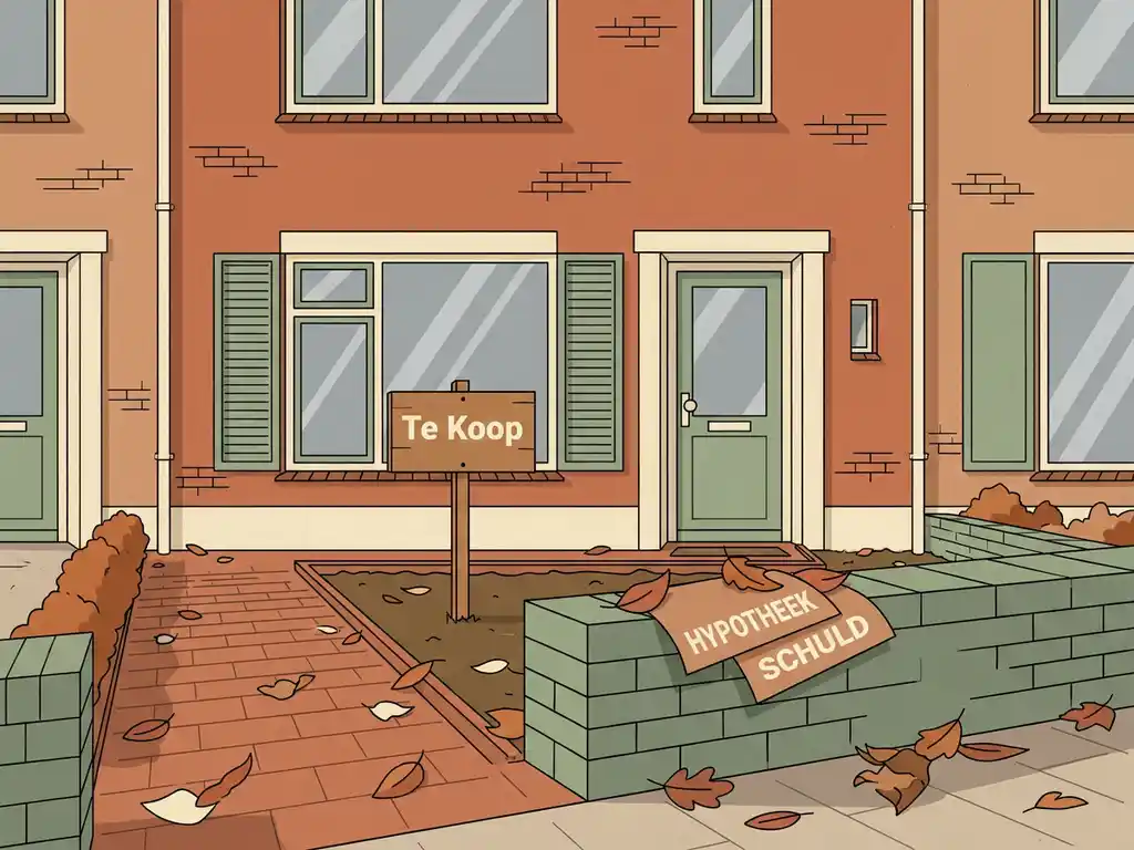 Nederlandstalige rijwoning met Te Koop-bord in voortuin, overlappende hypotheekdocumenten op tuinmuur en herfstbladeren op baksteenpad.