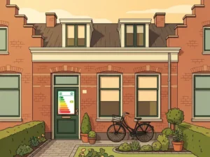 Kleurrijk energielabel op de voordeur van een Nederlandse rijtjeswoning met fiets tegen bakstenen gevel in middaglicht.