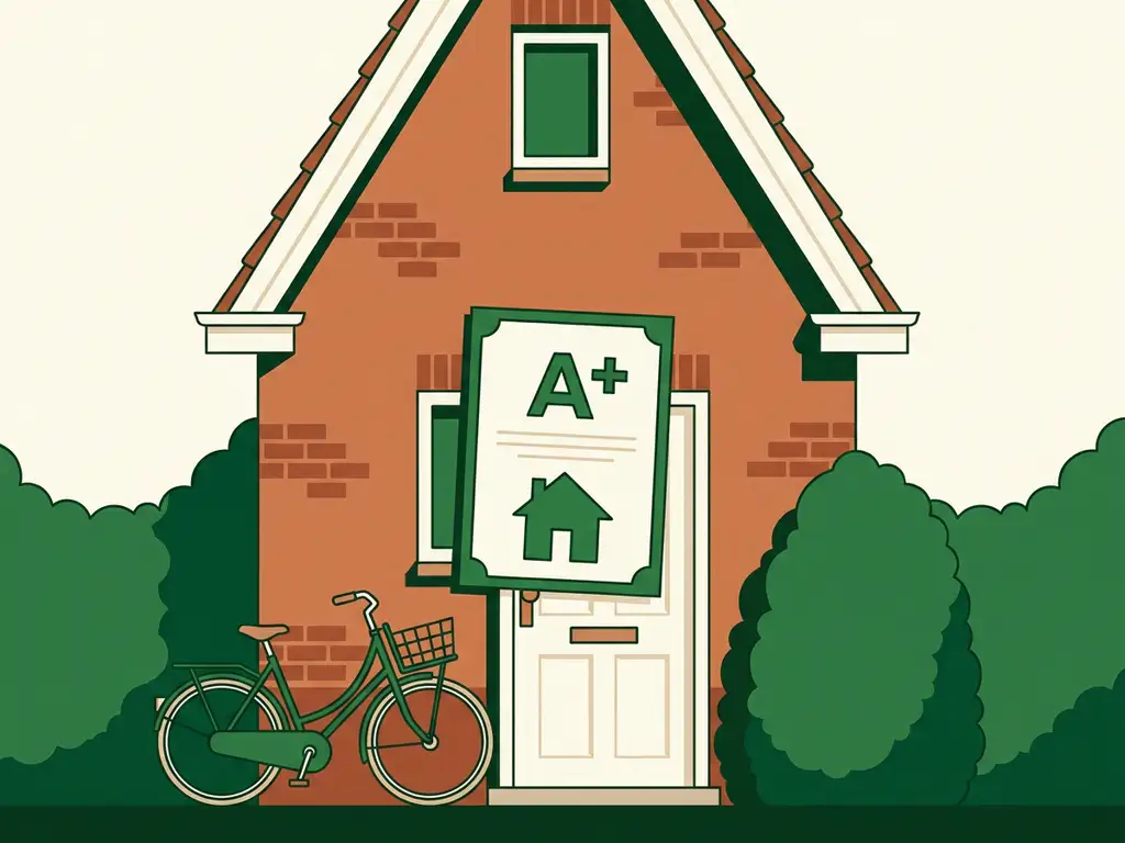 Energielabel certificaat tegen voordeur van Nederlandse bakstenen woning, omgeven door groene hagen met fiets ernaast.