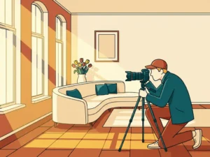 Fotograaf stelt camera op statief in lichte Nederlandse woonkamer met tulpen, houten vloer en stijlvolle bank.