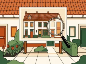 Gestileerde Nederlandse rijtjeswoning op een Funda-stijl advertentiebord in voortuin, met vergrootglas, terracotta dak en witte gevel.