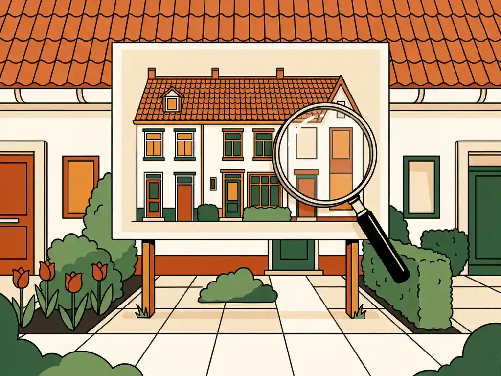 Gestileerde Nederlandse rijtjeswoning op een Funda-stijl advertentiebord in voortuin, met vergrootglas, terracotta dak en witte gevel.