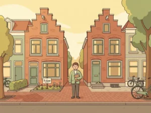 Makelaar staat tussen twee huizen op een Nederlandse straat, één met Te Koop-bord, ander met sleutel op de drempel, documenten in hand.
