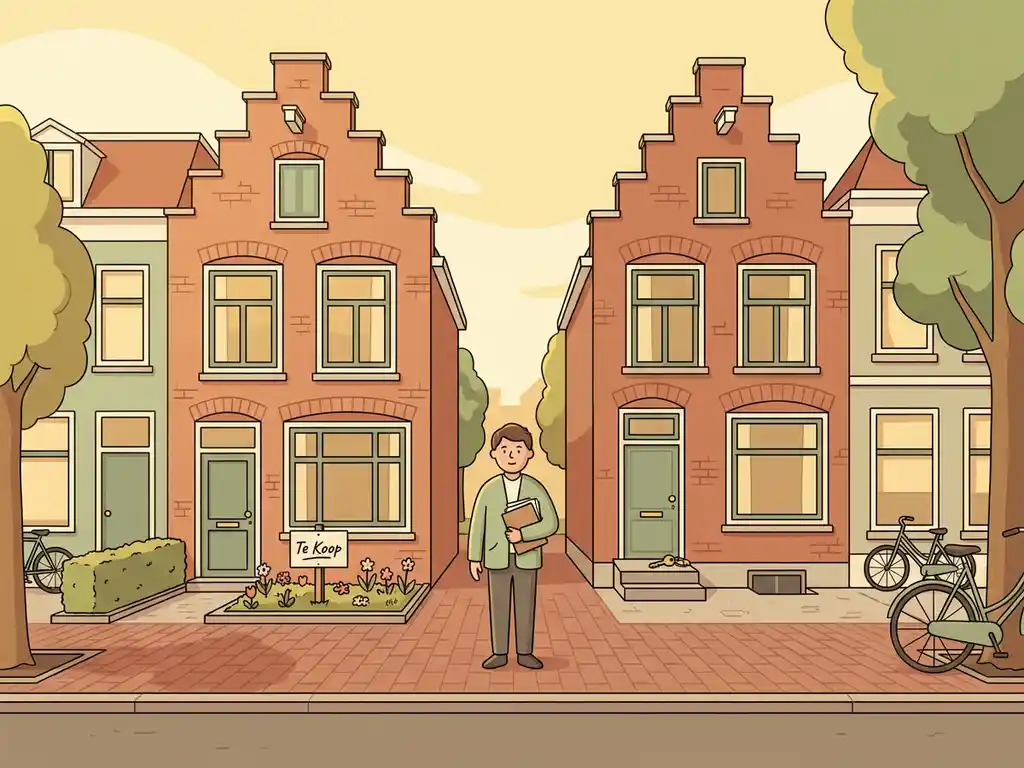 Makelaar staat tussen twee huizen op een Nederlandse straat, één met Te Koop-bord, ander met sleutel op de drempel, documenten in hand.