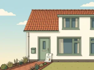 Nederlandse woning met gemeentelijk taxatiedocument tegen de voordeur, terracotta dakpannen en cremewitte gevel in warm zijlicht.