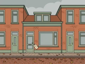 Nederlandse rijtjeswoning met prijskaartje aan de voordeur, omringd door herfstbladeren op een rustige straat.