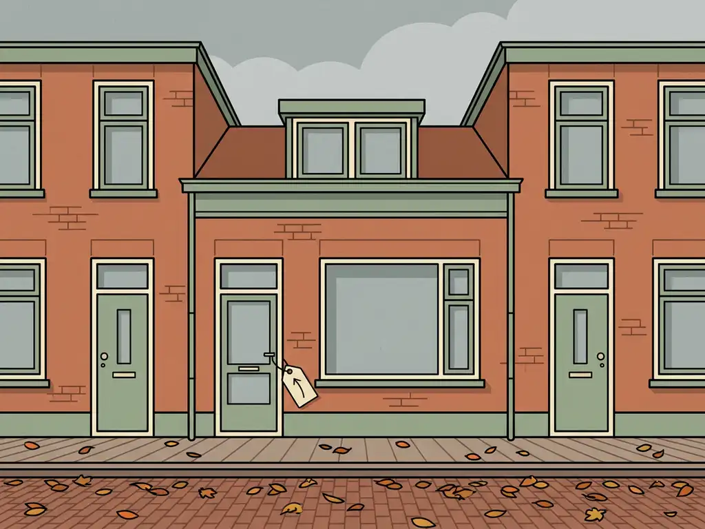 Nederlandse rijtjeswoning met prijskaartje aan de voordeur, omringd door herfstbladeren op een rustige straat.