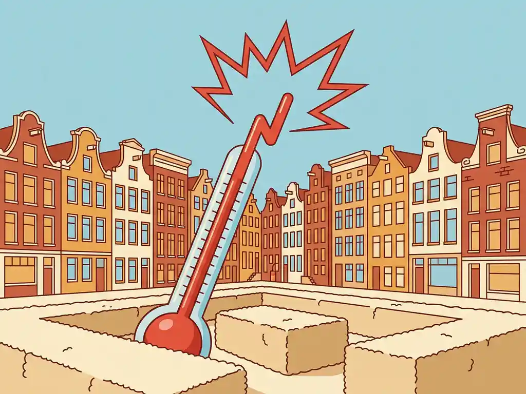 Straatthermometer met stijgend kwik in voortuin van Nederlandse rijtjeshuizen met bakstenen gevels onder lichtblauwe lucht.