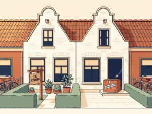 Klassiek Nederlands grachtenpand met te-koopbord in voortuin en verhuisdoos op de drempel, vectorillustratie in terracotta en crème.
