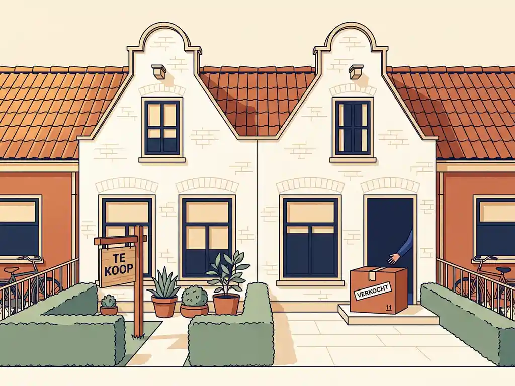 Klassiek Nederlands grachtenpand met te-koopbord in voortuin en verhuisdoos op de drempel, vectorillustratie in terracotta en crème.