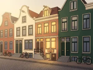 Rij Nederlandse rijtjeshuizen in terracotta en crème tinten, met één huis zachtjes uitgelicht in goudkleurig middaglicht.