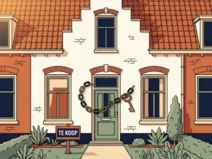 Hollandse rijtjeswoning met Te Koop-bord in voortuin, ketting die loskomt van voordeur, terracotta dak en cremewitte gevel in middaglicht.