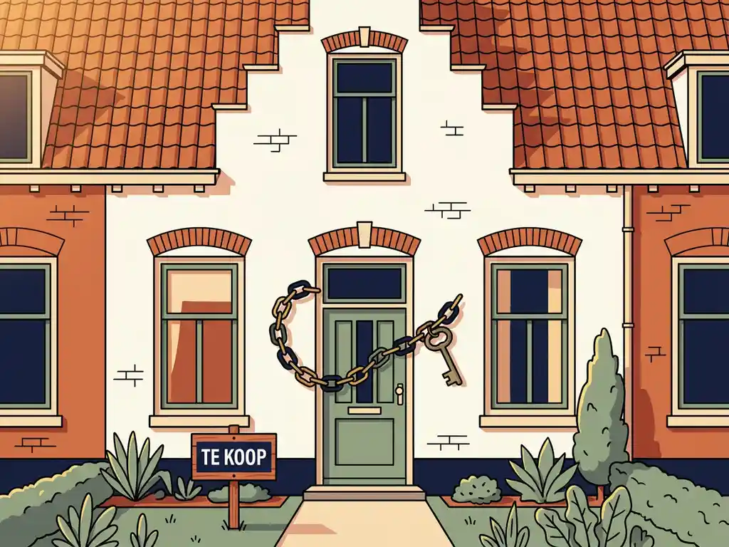 Hollandse rijtjeswoning met Te Koop-bord in voortuin, ketting die loskomt van voordeur, terracotta dak en cremewitte gevel in middaglicht.