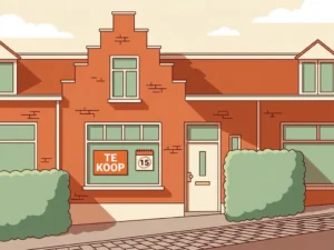 Hollandse rijtjeswoning met te koop-bord in het raam, kalender met omcirkelde datum, terracotta gevel en groene hagen in vectorillustratiestijl.