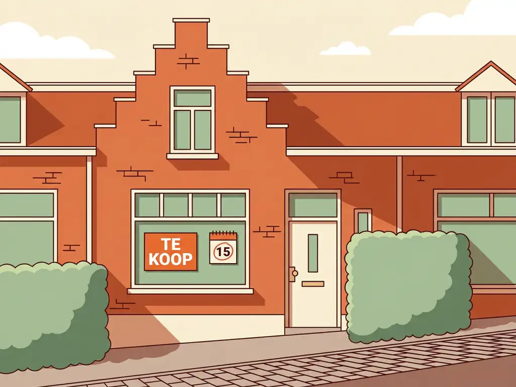 Hollandse rijtjeswoning met te koop-bord in het raam, kalender met omcirkelde datum, terracotta gevel en groene hagen in vectorillustratiestijl.