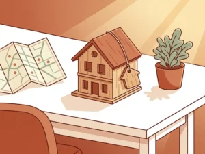 Houten prijskaartje hangend aan miniatuur maquettewoning op wit bureau, naast gevouwen plattegrond en klein kamerplantje, warme gouden belichting.