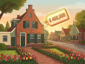 Hollandse rijtjeswoning in Houten met gloeiend prijskaartje boven voortuin, tulpen langs bakstenen pad, gouden middaglicht.