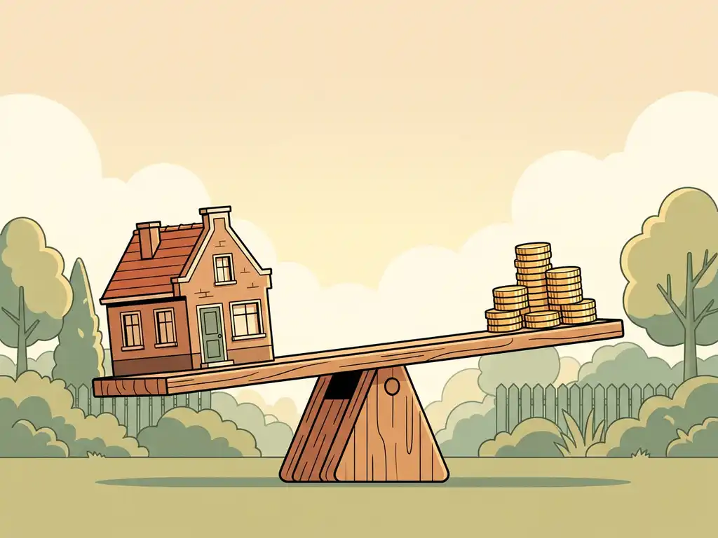 Nederlands woonhuis op een houten wip in balans met een stapel gouden munten, groene tuin op de achtergrond.