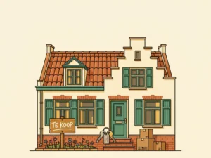Klassiek Hollands grachtenpand met Te Koop-bord, huissleutels en verhuisdozen op de stoep in vlakke illustratiestijl.