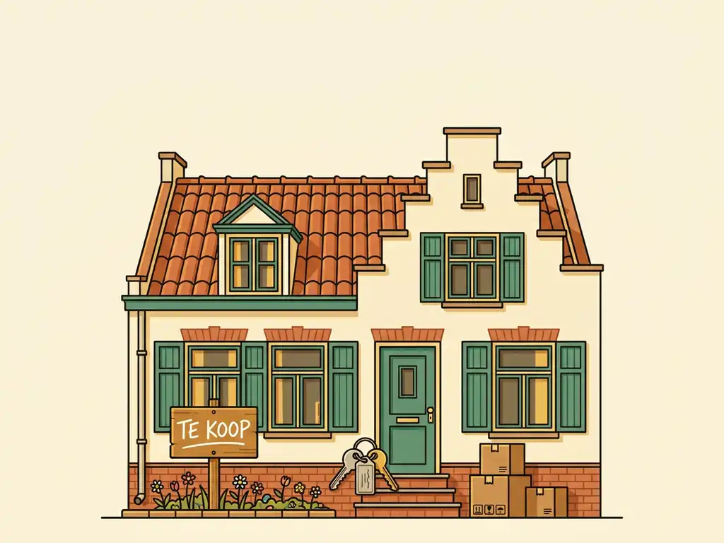 Klassiek Hollands grachtenpand met Te Koop-bord, huissleutels en verhuisdozen op de stoep in vlakke illustratiestijl.