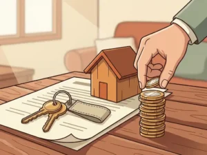 Huissleutels op een ondertekend document naast een houten huismodel, terwijl een hand de laatste euromunt op een stapel plaatst.