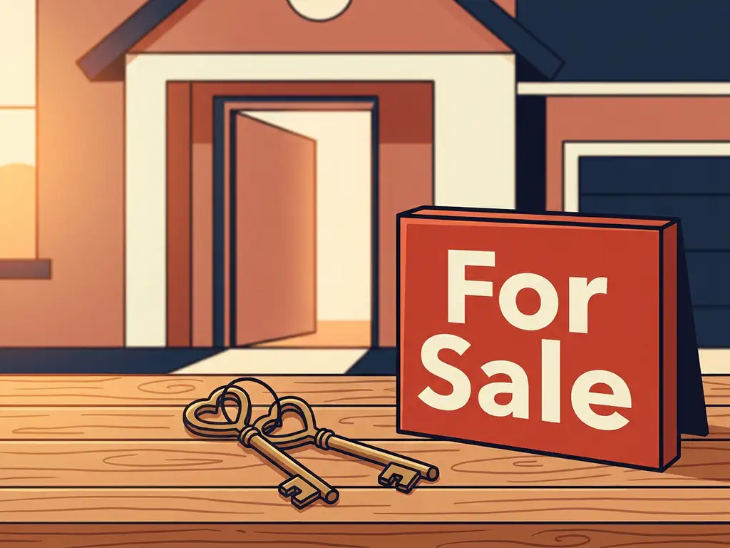 Geïllustreerde huissleutels en rood Te Koop-bord op houten ondergrond, met een huis met open deur op de achtergrond.