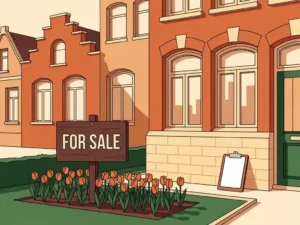 Hollandse rijtjeswoning te koop met oranje tulpen langs het pad, makelaarklembord tegen bakstenen muur, zacht middaglicht.