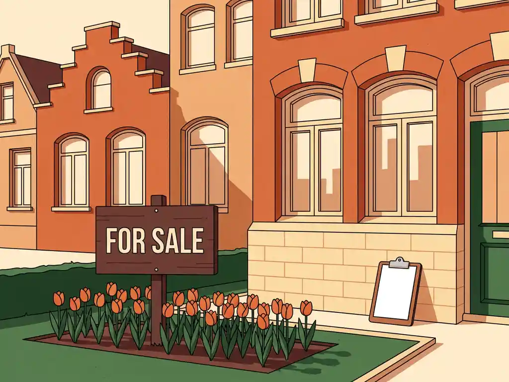 Hollandse rijtjeswoning te koop met oranje tulpen langs het pad, makelaarklembord tegen bakstenen muur, zacht middaglicht.