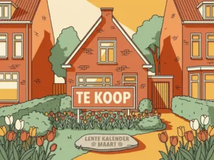 Hollandse rijtjeswoning met Te Koop-bord in bloeiende voortuin, warm ochtendlicht en terracotta tinten in vlakke vectorstijl.