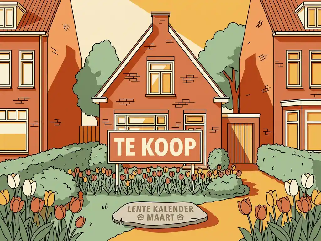 Hollandse rijtjeswoning met Te Koop-bord in bloeiende voortuin, warm ochtendlicht en terracotta tinten in vlakke vectorstijl.