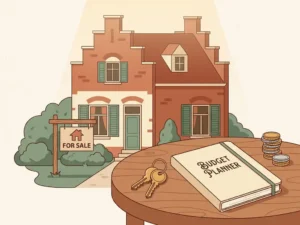 Vrijstaande Nederlandse woning te koop met sleutels, budgetplanner en euromunten op houten tafel.