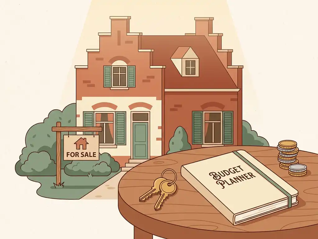 Vrijstaande Nederlandse woning te koop met sleutels, budgetplanner en euromunten op houten tafel.