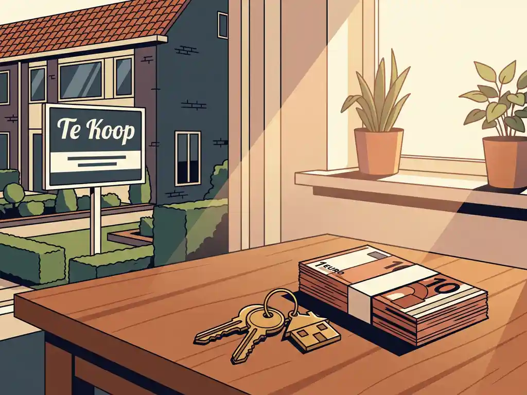 Nederlandstalig gezin verkoopt woning met Te Koop-bord, sleutels en eurobiljetten op houten tafel.