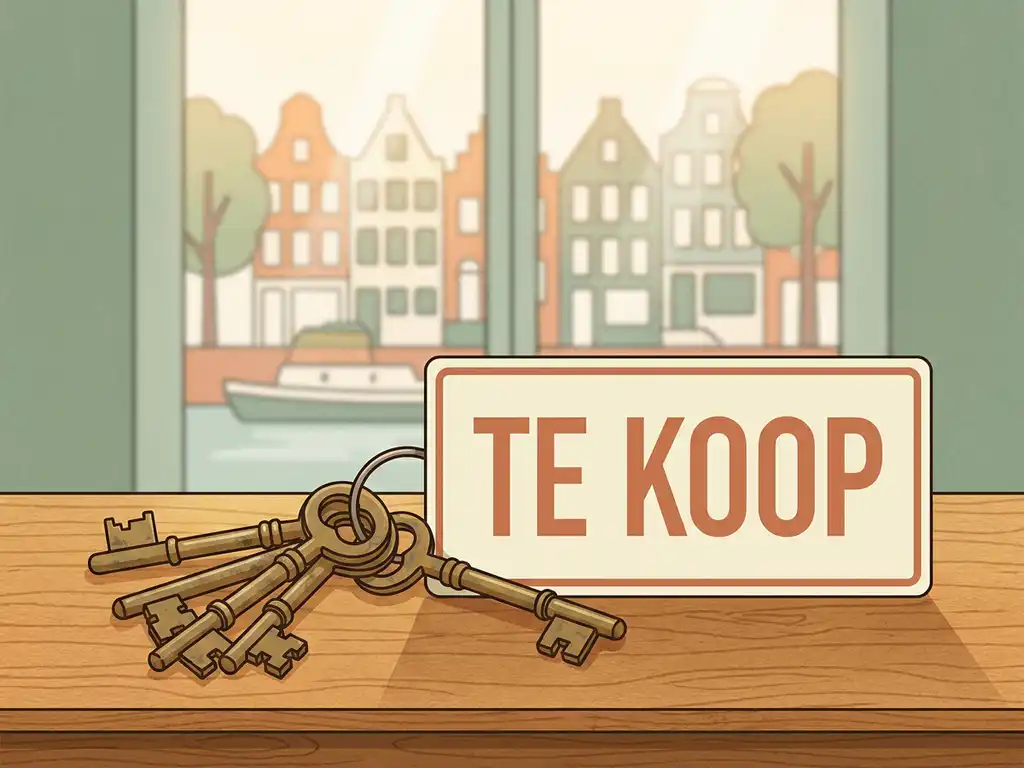 Oude messing huissleutels en een 'Te Koop'-bord op een eiken tafel, met een Utrechtse gracht zichtbaar door een zonnig raam.