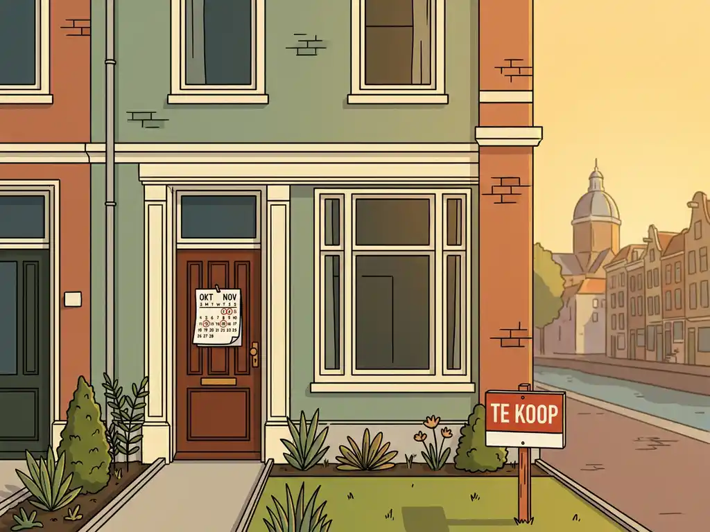 Hollandse rijtjeswoning met Te Koop-bord in voortuin, kalender aan de deur, Utrechtse grachten op de achtergrond, gouden middaglicht.