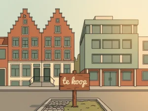 Klassiek Utrechts grachtenpand naast modern kantoorgebouw met te koop-bord in de voortuin, warme middagzon.