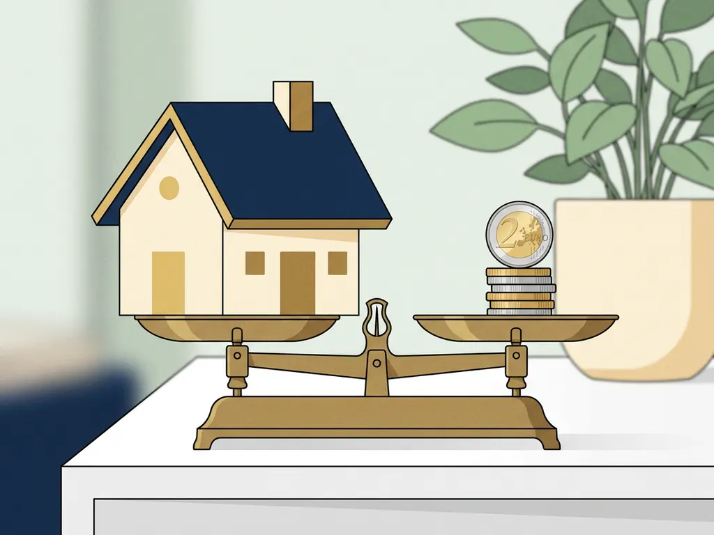 Houten huismodel en stapel euromunten op een messing weegschaal, symbool voor vastgoedfinanciering.