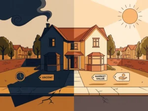 Twee huizen op dezelfde straat: één in slagschaduw die druk uitstraalt, het ander in warm licht dat een eerlijke marktwaarde symboliseert.