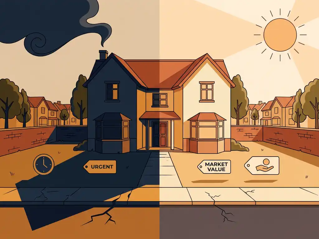 Twee huizen op dezelfde straat: één in slagschaduw die druk uitstraalt, het ander in warm licht dat een eerlijke marktwaarde symboliseert.