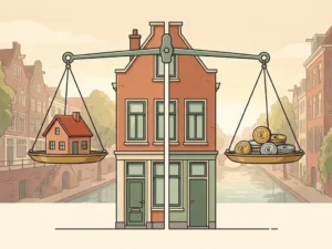 Weegschaal met miniatuur Hollands rijtjeshuis en gestapelde euromunten tegen een Utrechtse straatachtergrond.
