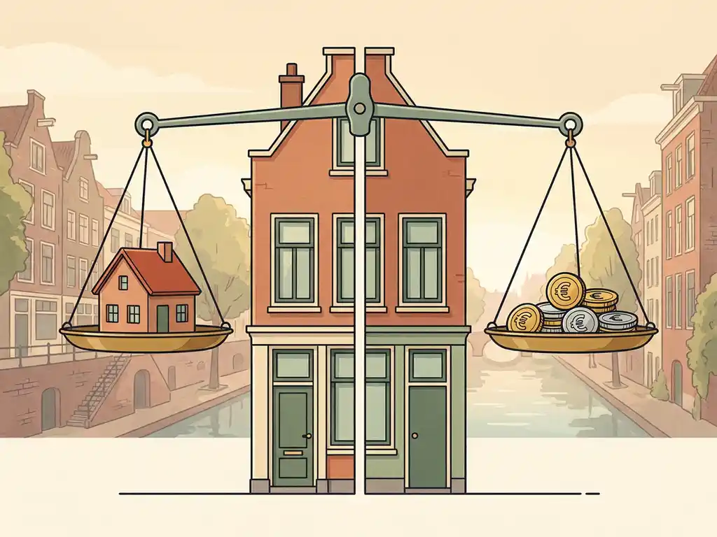 Weegschaal met miniatuur Hollands rijtjeshuis en gestapelde euromunten tegen een Utrechtse straatachtergrond.