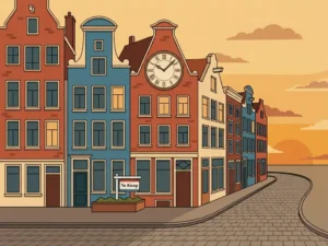 Utrechtse grachtenpanden met kinderkopjesstraat, "Te Koop"-bord en vintage wandklok in terracotta, blauw en crème tinten.