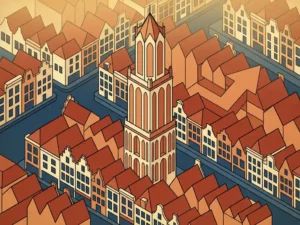 Luchtaanzicht van de Utrechtse Domtoren boven historische grachtenpanden met stijgende huizenprijzen gesymboliseerd in daksilhouetten.